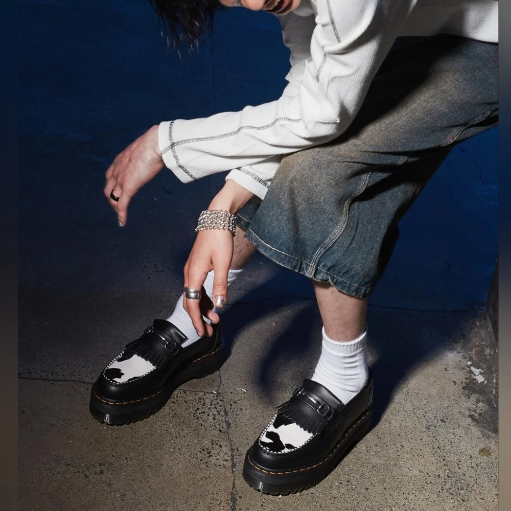 Dr. Martens Adrian Snaffle Quad Black/White Cow Print Horsebit Leather Loafers - Picture 2 of 14